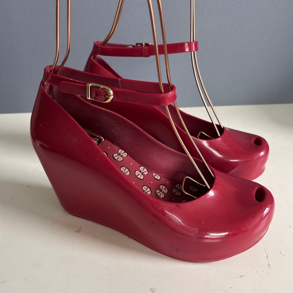 Mel by Melissa Jelly Wedge Shoes Size 8 Red Mary Jane Peep Toe Punk Coquette